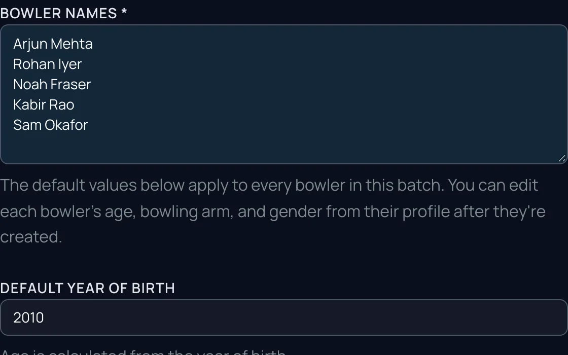 Bulk Add: five bowler names pasted one per line