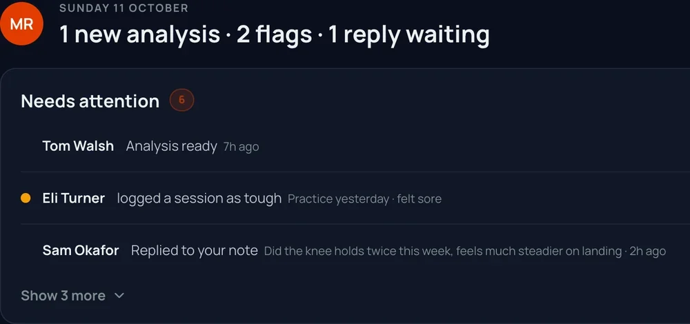 The coach home: 1 new analysis, 2 flags and 1 reply waiting