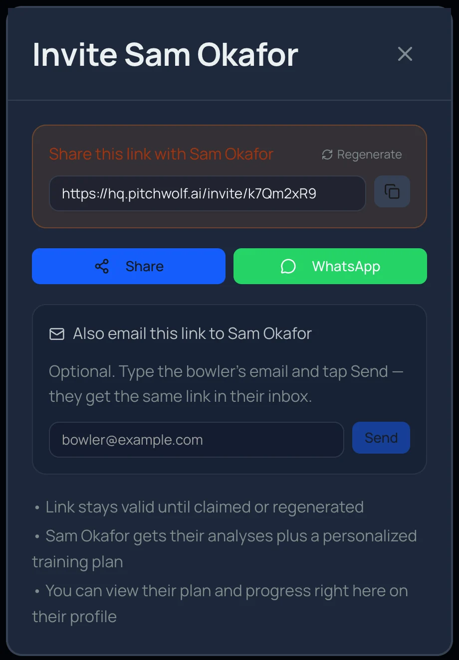 The invite screen: a link to share, Share and WhatsApp buttons, and an optional email