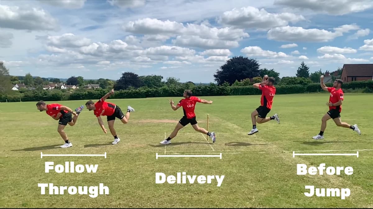 A bowler filmed side-on from the stride before the jump to the follow-through
