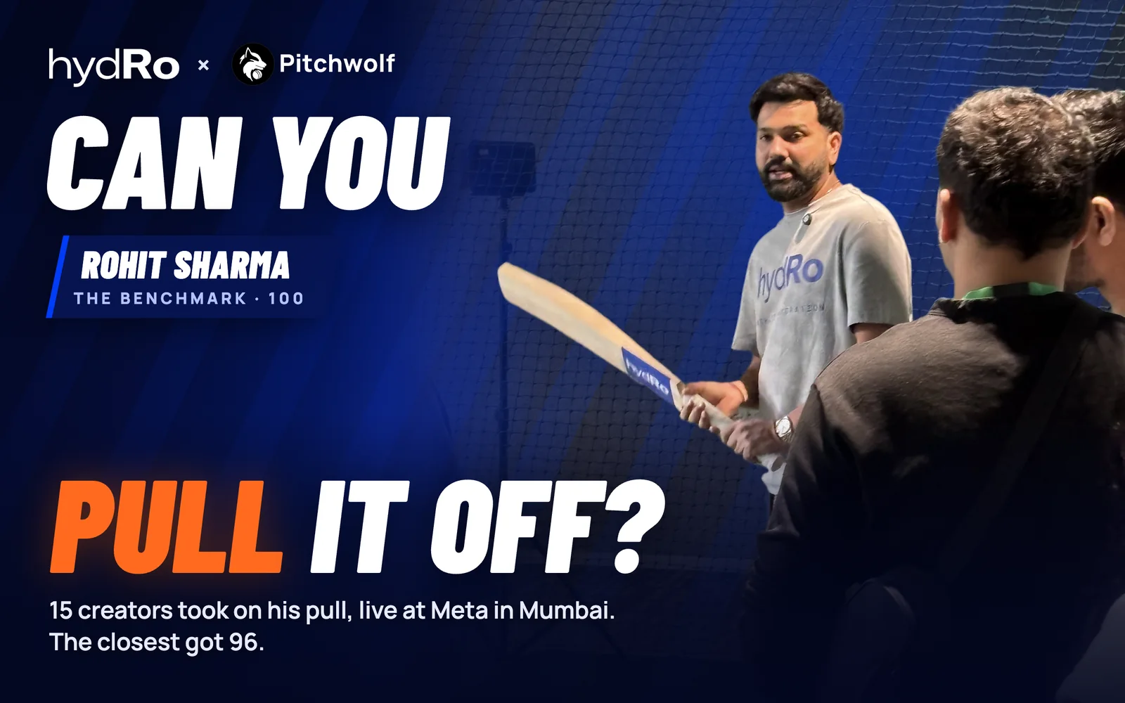 Rohit Sharma in the net with a hydRo bat, under the words Can you pull it off?