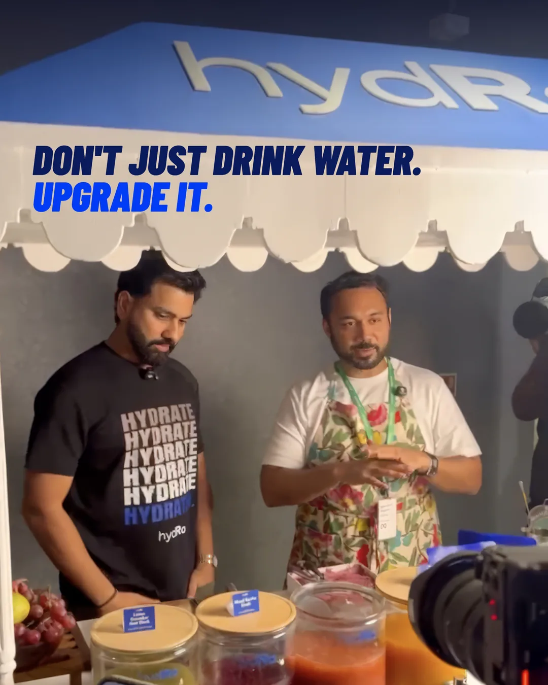 Rohit Sharma at the hydRo bar, under the line Don't just drink water. Upgrade it.